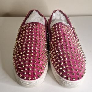 Christian Louboutin Magenta Suede Spike-Embellished Slip-On Flats